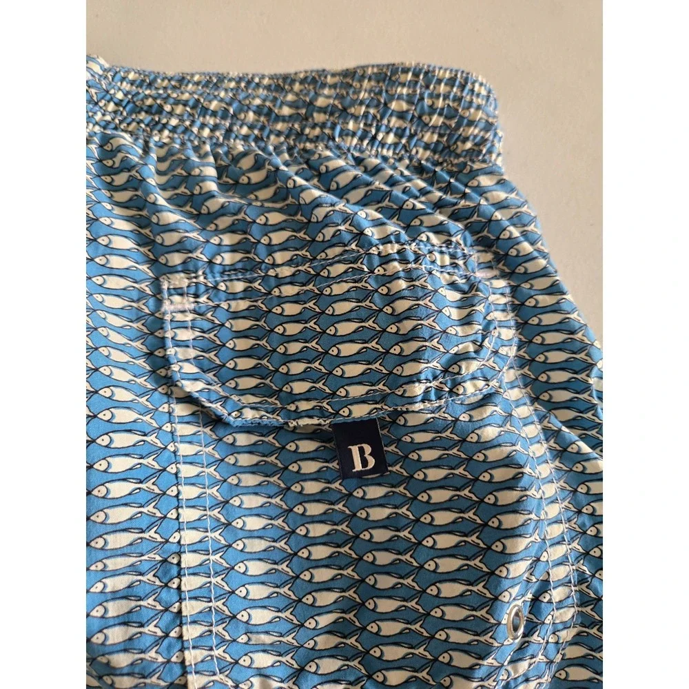 Boggi Milano Mens Blue Fish Print Swim Trunks Made in Italy Size M Mesh Lined‎